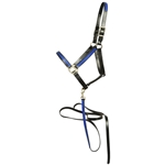 ****PHOTO SAMPLE*** $25 Black Better Than Leather with Dark Blue Overlay Halter with Matching Lead - Horse Size