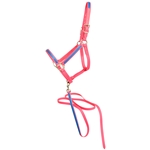 ****PHOTO SAMPLE*** $25 Bubblegum Pink Beta Biothane with Blue Overlay Halter with Matching Lead - Horse Size