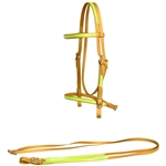 ****PHOTO SAMPLE*** $25 Gold Beta Biothane with Safety Yellow Overlay English Bridle with Matching Reins - Horse Size