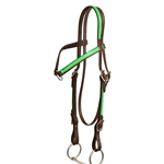 ****PHOTO SAMPLE*** $25 Dark Brown Beta Biothane with Green Overlay 2 Center Ring Browband Western Headstall - Horse Size