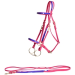****PHOTO SAMPLE*** $30 Magenta Pink Beta Biothane with Dark Blue Overlay Halter Bridle with Bit Hangers and Matching Reins - Horse Size