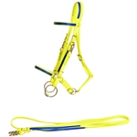 ****PHOTO SAMPLE*** $30 Safety Yellow Beta Biothane with Dark Blue Overlay Halter Bridle with Bit Hangers and Matching Reins - Horse Size
