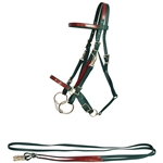 ****PHOTO SAMPLE*** $20 Hunter Green Beta Biothane with Maroon Overlay Halter Bridle with Bit Hangers Bridle & Reins - Horse Size