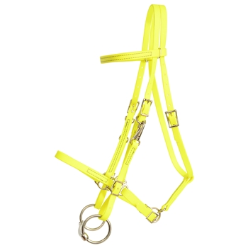 ****PHOTO SAMPLE*** $15 Safety Yellow Beta Biothane Halter Bridle with Bit Hangers Headstall with Purple Thread - Horse Size
