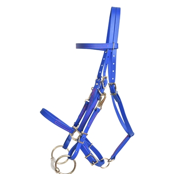 ****PHOTO SAMPLE*** $30 Royal Blue Beta Biothane Halter Bridle with Bit Hangers Headstall with Pink Thread - Horse Size