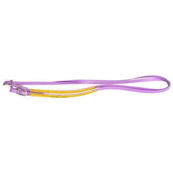 ****PHOTO SAMPLE*** $10 Orchid Beta Biothane English Reins with Yellow Overlay and Roller Buckles on Bit Ends