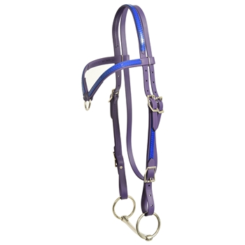 ****PHOTO SAMPLE*** $15 Purple Beta Biothane with Dark Blue Overlay Western Headstall with Center Ring Browband - Horse Size