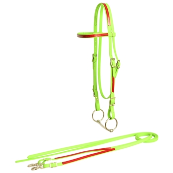 ****PHOTO SAMPLE*** $30 Apple Green Beta Biothane with Red Overlay Western Bridle with Matching Reins - Horse Size