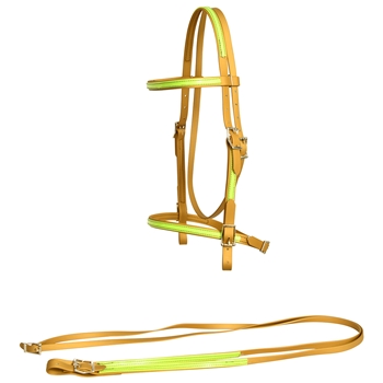 ****PHOTO SAMPLE*** $30 Gold Beta Biothane with Safety Yellow Overlay English Bridle with Matching Reins - Horse Size