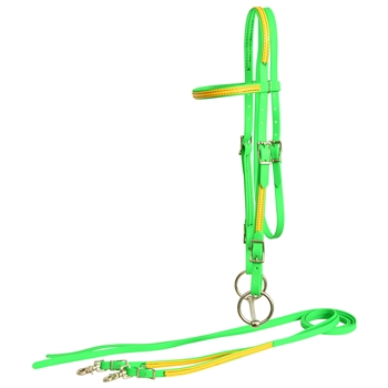 ****PHOTO SAMPLE*** $30 LIme Green Beta Biothane with Yellow Overlay Western Bridle with Matching Reins - Horse Size