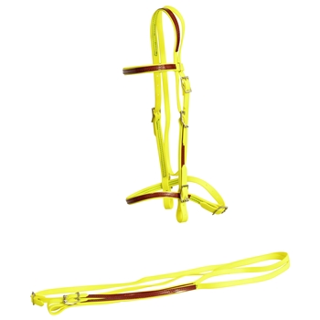 ****PHOTO SAMPLE*** $30 Safety Yellow Beta Biothane with Maroon Overlay English Bridle & Reins - Horse Size